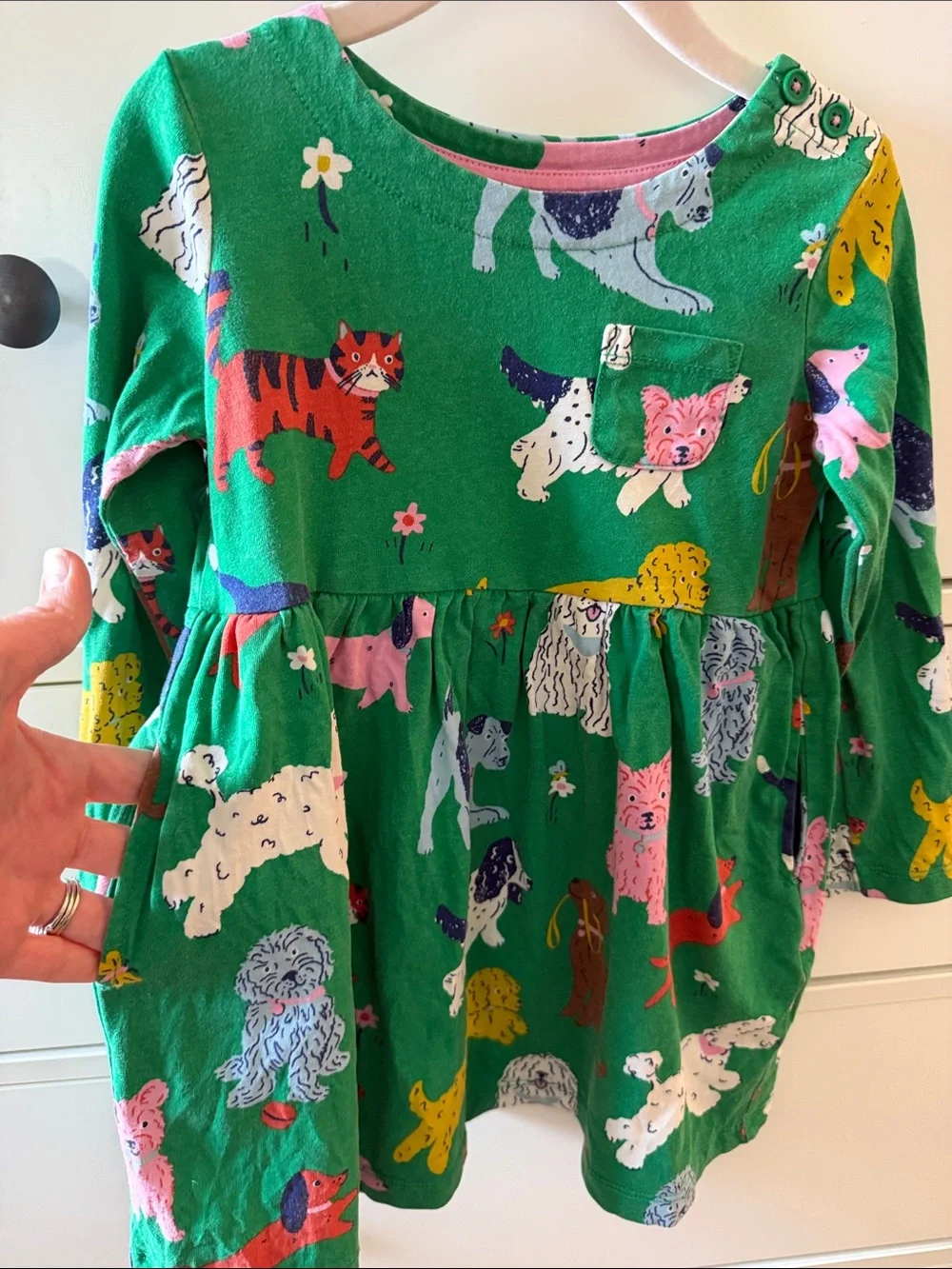 Mini Boden Green Long-Sleeve Dog & Cat Print Dress with Pockets
